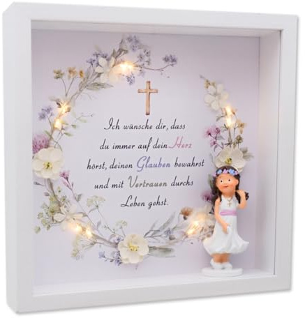 ZauberDeko Geschenkrahmen Holz Bilderrahmen Diorama Geldgeschenk Gutschein Kommunion Konfirmation Mädchen Brünett LED