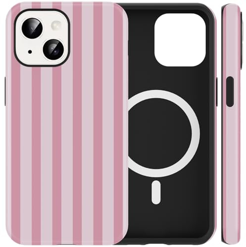 Kivlclri 2 in 1 Striped Été Coque Magnétique pour iPhone 14 / iPhone 13 6,1, Aesthetic Rose Rayée Motif Dessin Étui Compatible avec MagSafe Silicone TPU Fille Antichoc Housse Protection Cover