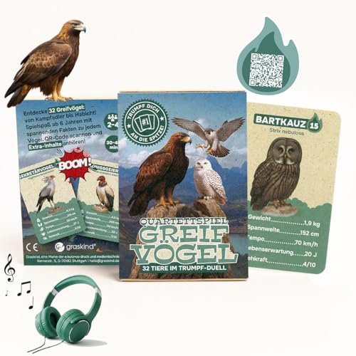 Quartettspiel Greifvögel – Das Kartenspiel mit 32 Greifvögeln im Trumpf-Duell – Innovatives Lernspiel mit Audio-Inhalten (QR-Code) für Kinder ab 6 Jahren – Nachhaltig aus Graspapier