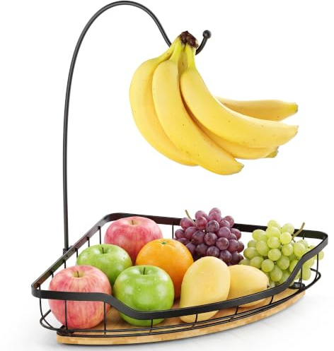 OETAMS Fruit Bowl Basket with Banana Hanger Hook, Fruit Basket Black 1-Tier | Kitchen Countertop Organizer for Fruits, Vegetables, Snacks, Vintage Style Stand, Bamboo Base Metal Storage Rack