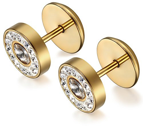 Flongo Edelstahl Gestüt Stecker Ohrringe Ohrstecker Ohrhänger Fake Plug Fakeplugs Strass Glas Gold Golden Rund Charms Charme Herren