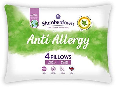 Slumberdown Anti Allergy Pillows 4 Pack - Allergy UK Approved Front Sleeper Soft Pillows for Allergy Sufferers | Anti Bacterial Soft Touch Cover, UK-Made & Washable (48 x 74cm)
