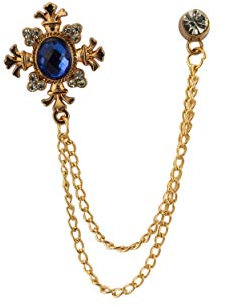 Broche pour homme avec pierre scintillante bleu roi avec gravure or rose et chaîne à suspendre pour manteau, costume, cadeau de mariage, fête, col de chemise, accessoires, Métal