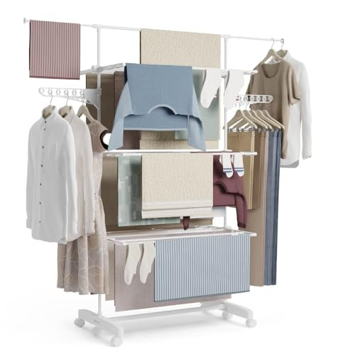 NEWLUX-Tendedero Vertical Plegable XXL Fold Care V60 Blanco con Ruedas, 5 Niveles Dobles y 18-21m de tendido. Tendedero Plegable con Soporte para perchas y prendas largas de 1,5m. Ideal como perchero