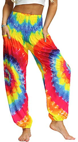 Nuofengkudu Damen Hippie Haremshosen mit Taschen Leichte Boho Muster Bunt High Waist Yogahosen Sommer Lockere Hosen Freizeithose (Regenbogen A,One Size)