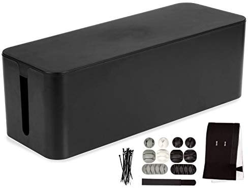 Large Cable Management Box - Black Cord Organizer and Hider for Wires, Power Strips, Surge Protectors & More - Includes Cable Sleeve, Hook and Loop Keepers, Zip Ties & Clips