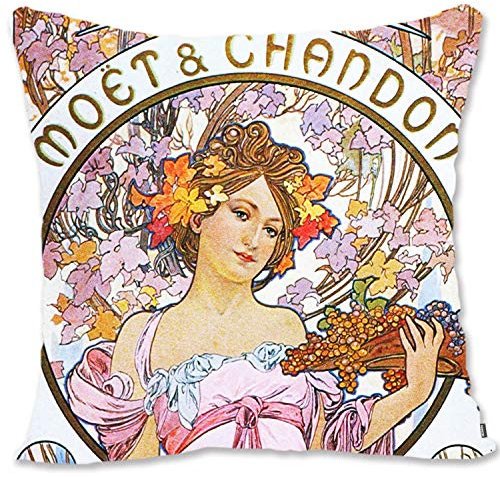 BONNIU Deko Kissenbezug mit Reißverschluss 50X50 cm Samt Kissenschutz Vintage Mädchen Porträt Kunst - Mucha - Moet & Chandon 'Champagne White Star' 1899. AL070