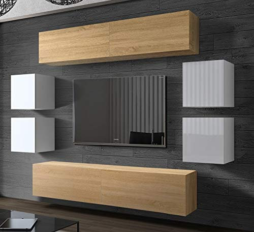 Furnitech Wohnwand Wohnzimmer | Wohnzimmer Möbel mit LED Weiß | Hängend Wohnwand Modern | Wohnzimmer Schrankwand mit Regale und TV Schrank (Future C42/HGM/WD/48 1A)