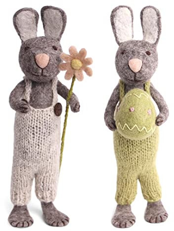 Gry & SIF große Osterhasen, Figuren zum Hinstellen, aufwendige Handarbeit mit vielen Details, Fairtrade, Osterdeko aus Filz | 1x Deko Hasen grau mit Osterei & Margerite, 30 cm