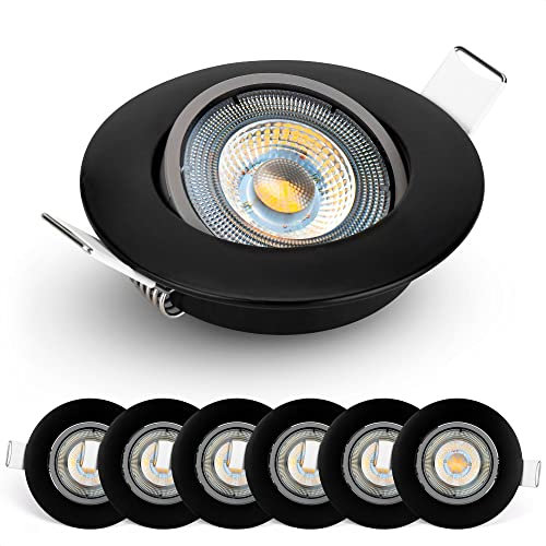 EMOS LED Einbaustrahler 230V, 5W / 450lm, 50° schwenkbar, Deckenspots warmweiß 3000k | Einbaustrahler LED Spot flach 68mm Lochmaß | Set mit 6 Stück LED Spots 230V, Einbauleuchten rund (Farbe schwarz)