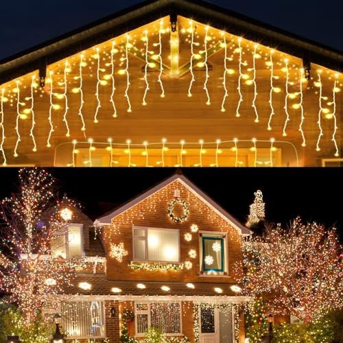 HOSPAOP LED Eisregen Lichterkette Außen Warmweiß 400 LED 10M Eiszapfen Weihnachtsbeleuchtung Aussen Strom Lichtervorhang mit Timer, 8 Modi für Garten, Pavillon, Balkon, Weihnachten Deko