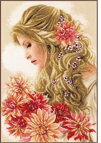 Lanarte Kreuzstich Stickpackungen Gezählter Kreuzstichbilder Set DAME MIT DEN DAHLIEN Wanddekoration Handarbeit Set für Erwachsene 30 x 45 cm DIY Deko Bastelset Handwerker Kreative Geschenkset