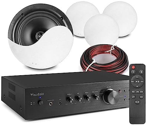 Audizio Bluetooth Ceiling Speaker System with AD220B Amplifier, 4x NCSS6 6.5 Flush Mount Speakers, Home Audio Systems for TV, Wireless Streaming, AUX/RCA/Optical Inputs, Remote Control Included