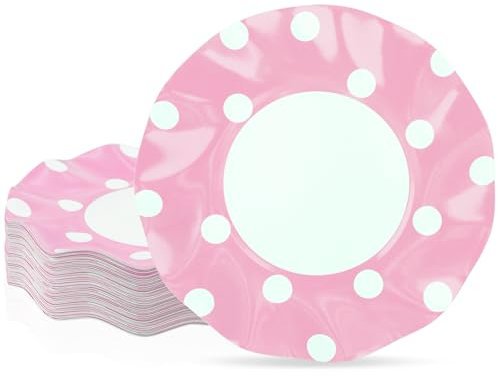 ZVK Piatti di carta per feste, Piatti usa e getta 23cm Pois, Rosa Piatti monouso ondulati, 48 pezzi Stoviglie per feste di compleanno per bambini