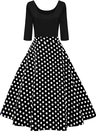 AXOE Damen 60ziger Jahre Kleid Vintage Festliches 3/4 Ärmel 50er Jahre Outfit Schwarz mit Weiß Polka Dots, Gr.40, L