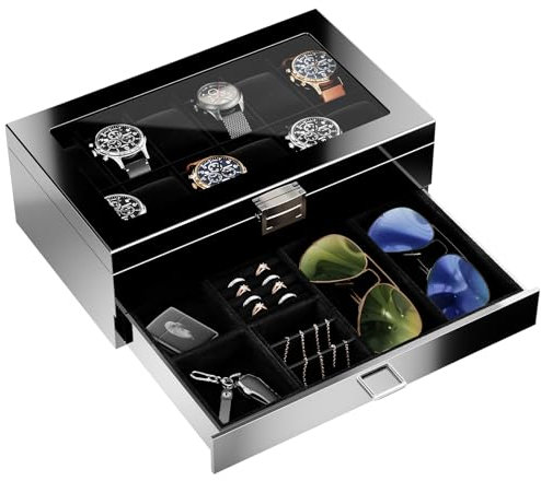 ProCase Uhrenbox aus Holz mit 12 Fächern, Uhren und Sonnenbrillen Aufbewahrung mit 2 Ebenen, Schmuckkästchen für Herren, Uhrenkasten mit Glasdeckel -Schwarz