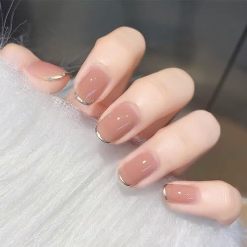 Kaiperala 24pcs French False Nails Short Stick on Nails Gold Tip Press on Nails Nude Pink Removable Glue-on Nails Fake Nails Women Girls Nail Art Accessories