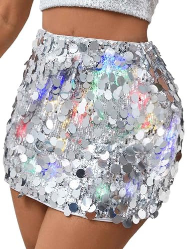 Flovel Light Up Pailletten Rock Sparkle Bodycon Mini Röcke Club Party Rave Outfits Outfits Glitter Disco Rock Kostüm für Frauen Mädchen