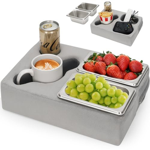 Cup Pillow Holder for Couch – Cup Glass Cozy Pillow | Bed Couch Cup Holder with SS Food Container for Pasta, Fruit, Snacks, Remote | Sofa Drink Buddy for Car, RV, Living Room, Picnic (LightGrey)