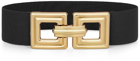 WHIPPY Damen Breiter Elastischer Taillengürtel Stretchy Gürtel für Kleid dehnbarer Hüftgürtel Mode Quadratischer Gold Schnalle,Schwarz 80cm