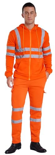 FEESHOW Herren Arbeitsanzug 2 Teilig Gefütterte Warnschutz Hoodie Jacke Hose Set Mit Reflexstreifen Arbeit Sport Set Outdoor Fahrrad Outfit Orange 4XL