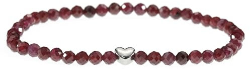 LAKADA Echtes Granat Edelstein Armband mit facettierten 4mm Perlen und Edelstahlherz Heilstein Schutzstein Edelsteinarmband Glücksbringer Talisman Geschenk (Granat, 18CM, S)