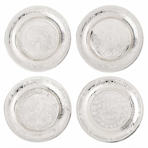 MIJOMA 4er-Set Schmuckteller aus Edelstahl, Ø 10 cm, silberfarben – Orientalische & Indische Motive, Mini-Teller, Untersetzer für Schmuck, Räucherwerk, Deko, Meditationszubehör