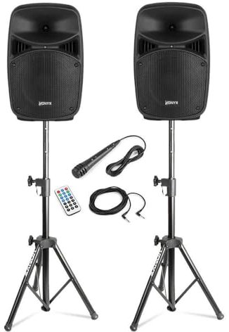 Vonyx Sistema PA DJ con Altavoz Activo y pasivo, Bluetooth, USB SD, LED Azul, Control Eco, Soportes Regulables 67-115 cm, entradas AUX y RCA, Cables incluidos – Ideal para Fiestas y Eventos