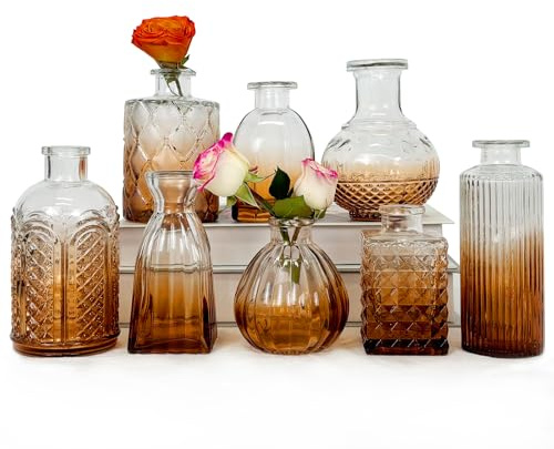 Mini Vasen Set aus Glas, 8 Stück, Verschiedene Größen, Bernstein, für Tischdeko und Hochzeit