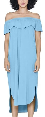 Enorsia Women’s Off Shoulder Ruffle Jersey Midi Dress – Elegant Bardot Style with Chest Frills, Side Slit & Curve Hem – Soft Stretch Viscose Party, Holiday & Casual Outfit in 4 Colours, 8-18 Sizes