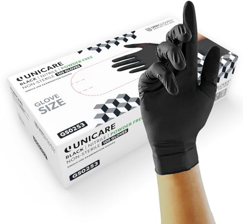 Unigloves Unicare Nitrile Examination Disposable Gloves | Multipurpose, Powder Free, Medical Gloves - Box of 100 Gloves, Black, Extra Large (GS0255)