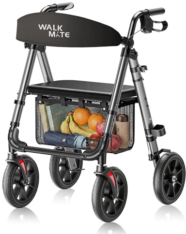 WALK MATE Andador plegable y ligero con asiento, soporta hasta 175 kg, andador para la vivienda interior y exterior con ruedas antideslizantes, altura regulable de aluminio, incluye bolsa y soporte