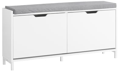 SoBuy Schuhbank mit Sitzfläche & 2 Klappen 105x52x24cm für Flur | Schuhregal schmal mit verstellbaren Einlegeböden, MDF E1 und Eisen, graues Sitzpolster, Belastbarkeit 250kg FSR151-L-W