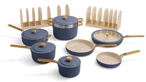 Our Place 17-Piece Essentials Complete Cookware Set - Ceramic Fry Pans, Saucepans, Sauté Pan, Stock Pot, Strainer Basket & Modular Storage | Thermakind™ Nonstick, Oven Safe up to 230°C | Blue Salt
