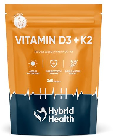 Hybrid Health Vitamin D3 K2 Supplement 4000 iu Vitamin D & 75μg Vitamin K2 MK7-365 Easy-to-Swallow Vegan Tablets, Independently Third Party Tested, 1 Year Supply