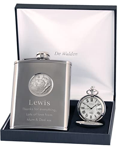 Engraved Son Christmas Pewter Rugby Feature Mother of Pearl Pocket Watch and Hip Flask Gift Set