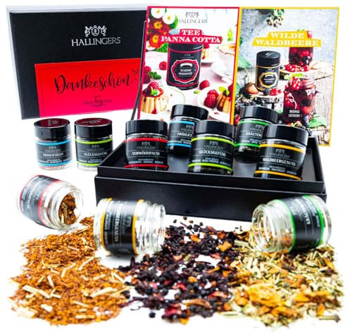 Hallingers Dankeschön - 5 Sorten Tee Geschenkset als Dank, vegan & glutenfrei in Schraubgläsern (Set) - Geschenk im Sommer & als perfektes Grillgeschenk | Geburtstag Glückwunsch Genesung Jahrestag Dan