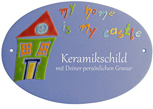 Handarbeit aus Schleswig-Holstein Keramikschild 20,5 x 14,0 cm Motiv My Home is My Castle (hellblau)