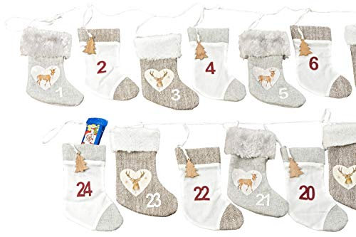 BOLTZE 1x Adventskalender zum Selbstbefüllen, 250cm lang, mit 24 grau-weissen Söckchen