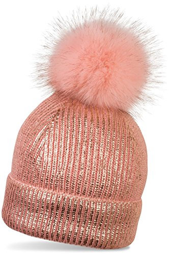 styleBREAKER warme Metallic Strick Bommelmütze mit abnehmbarem Kunstfell Bommel, Winter Fellbommel Mütze, Damen 04024138, Farbe:Rosa