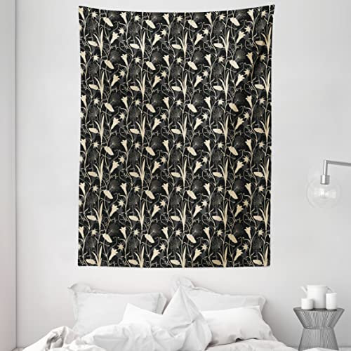 ABAKUHAUS Jugendstil Wandteppich, Zen Blossoms Mystic, Wohnzimmer Schlafzimmer Heim Seidiges Satin Wandteppich, 150 x 200 cm, Elfenbein und Schwarz