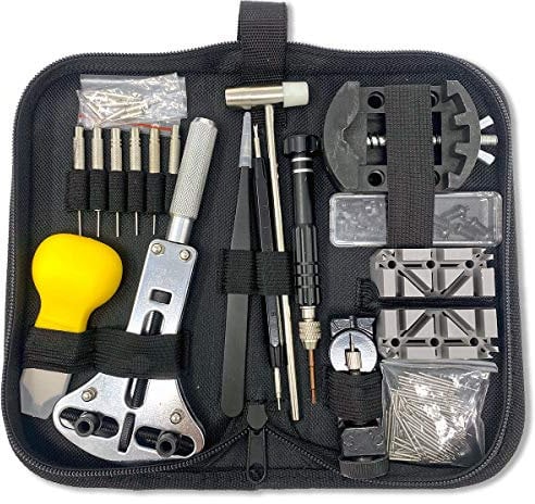 mixed24 153tlg Uhrenwerkzeug Set inkl Anleitung Armbandkürzer Stifteausdrücker Gehäuseöffner Uhrenöffner Federstege Federstegbesteck Schraubendreher Batteriewechsel