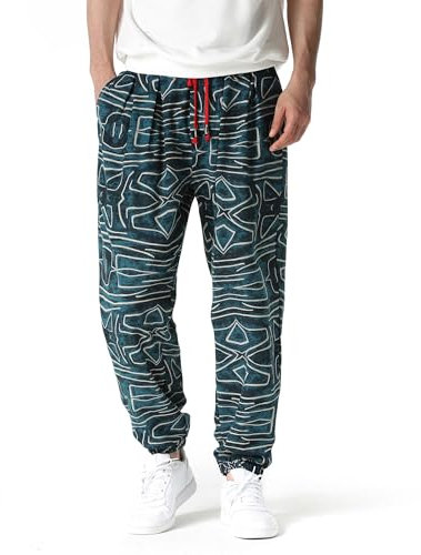 MakingDa Herren-Jogginghose aus Baumwolle mit elastischem Bund, Paisley bedruckter, Hippie-Stil Weite Beinhose, Lockere Passform, bequem für Strand, Spazierengehen, Laufen und Joggen-4-L
