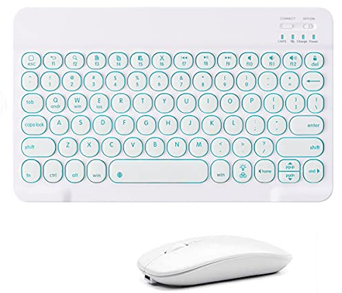 QYiD Clavier et souris sans fil, 7 couleurs rétroéclairées Bluetooth clavier et souris compatible avec Apple iPad iPhone Samsung Tablette Téléphone Smartphone iOS Android Windows 10 Blanc