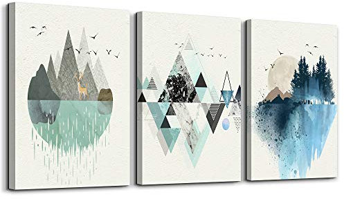 hyidecorart Abstrakte Bilder, Grün und Blau Geometrische Berg Landschaft Leinwand Wandkunst, Modern Nordischer Minimalistisch Wandbilder Wohnzimmer Schlafzimmer Esszimmer Badezimmer(30CM x 40CM x 3)