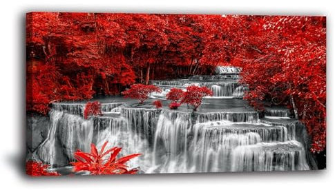 Yxbhhym Großes schwarz-weißes Dekor Wasserfall Leinwand Wandkunst roter Baum Wanddekoration Landschaftsdrucke Poster Waldlandschaft Gemälde für Wanddekoration Schlafzimmer Wohnzimmer Dekor - Gerahmte