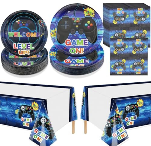 PIXHOTUL Set di 122 decorazioni per videogiochi e piatti da dessert e tovaglioli, tovaglia, accessori per feste di compleanno per ragazzi