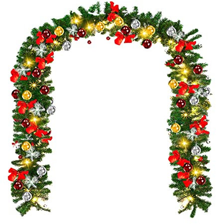 SWANEW Guirnalda de Navidad con Luces LED, 5m Guirnalda de árbol de Navidad Artificial con 100 Leds Blanco Cálido, Contiene Decoraciones, Guirnalda Festiva de Navidad de Pino, escaleras