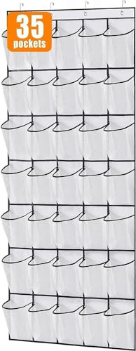 MISSLO 35 Pockets Over The Door Shoe Storage Organiser Large Oxford Hanging Shoe Rack for Door Closet Mesh Shoe Holder Hanger, White