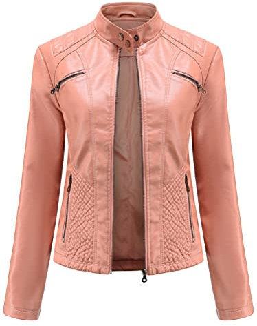 ORANDESIGNE Giacca in Pelle Sintetica Donna da Motocicletta Giacca Casual Moda in Pelle PU Vintage Giubbotto Moto Cappotto Corto Manica Lunga Zip Cappotti Casual Biker Jacket C Rosa S